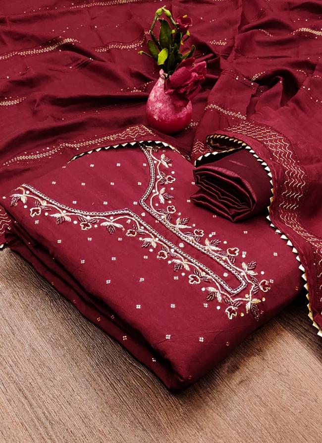 Chanderi Jacquard Maroon Festival Wear Hand Work Dress Material